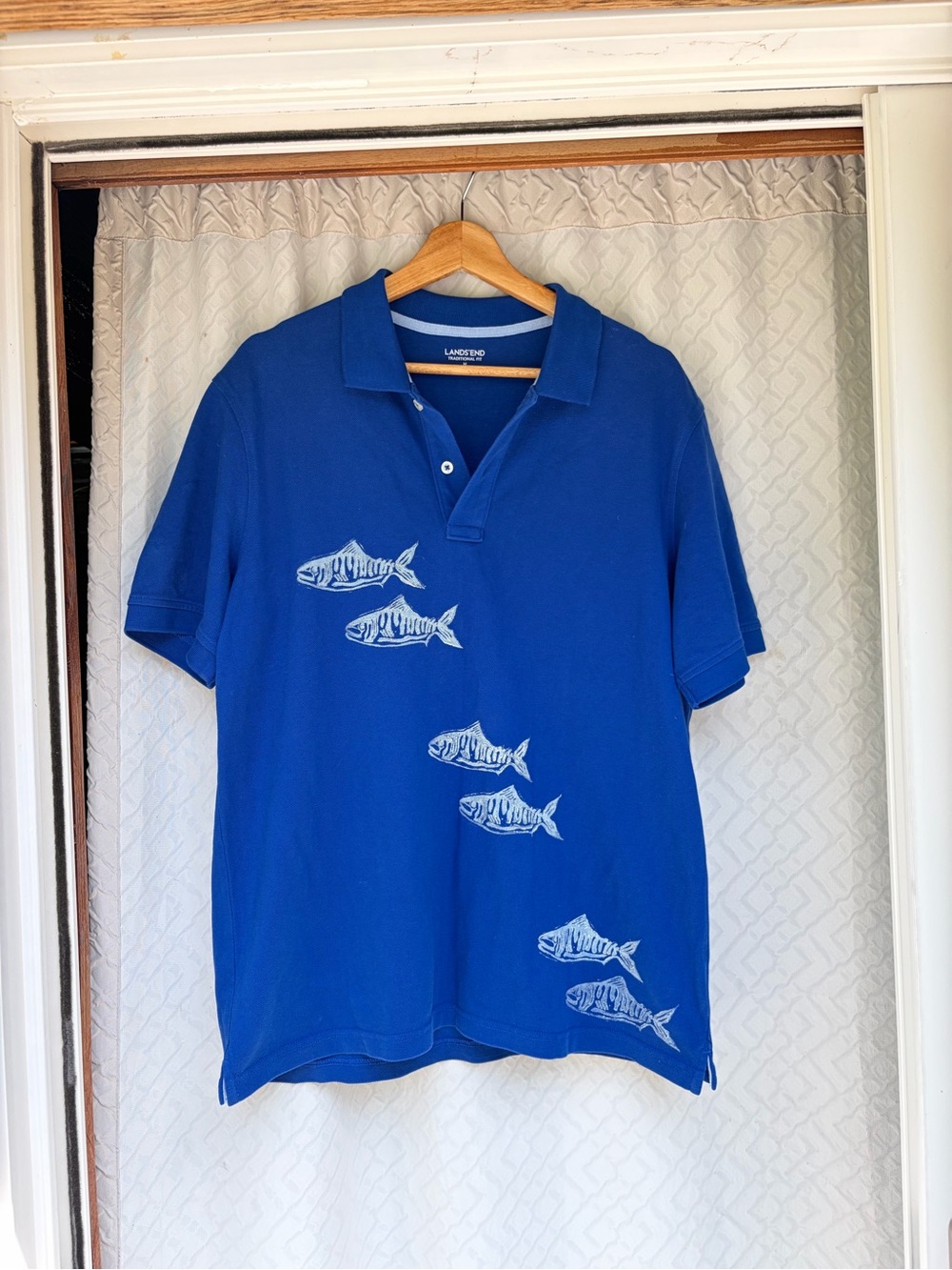 Lands' End Royal Blue Short Sleeve Polo with homemade Fish print
